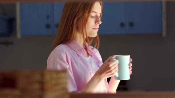Jovem mulher bonita bebendo chá e sonhando em pé pela janela . — Vídeo de Stock