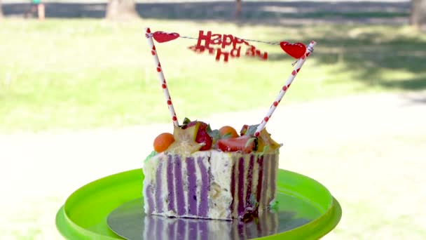 Pezzo di torta di compleanno con messaggio di buon compleanno . — Video Stock