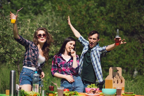 Gruppo di amici che fanno picnic nel parco. — Foto Stock