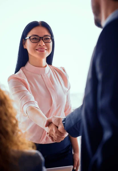 Mujer de negocios estrechando la mano con un compañero . — Foto de Stock