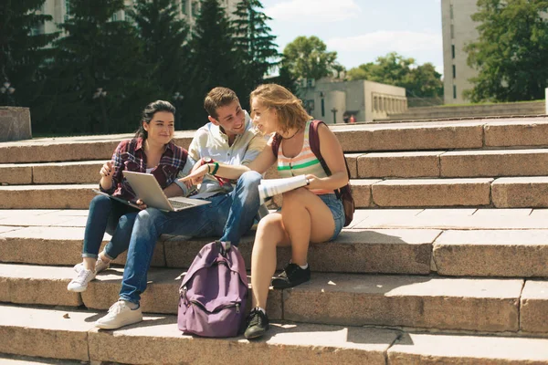 Amici Allegri Discutono Loro Progetto Ragazza Bionda Punta Qualcosa Interessante — Foto Stock