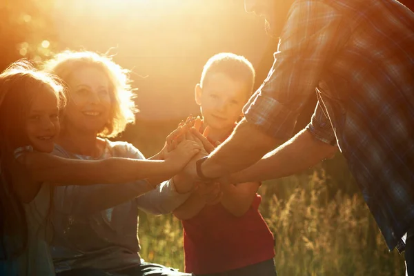 Vrouw in een leunstoel heeft plezier met haar man en twee kinderen in het park — Stockfoto