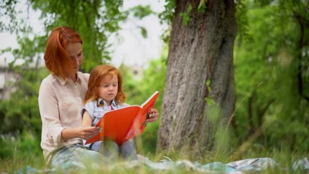 Счастливая молодая мать с дочерью читает на открытом воздухе — стоковое видео