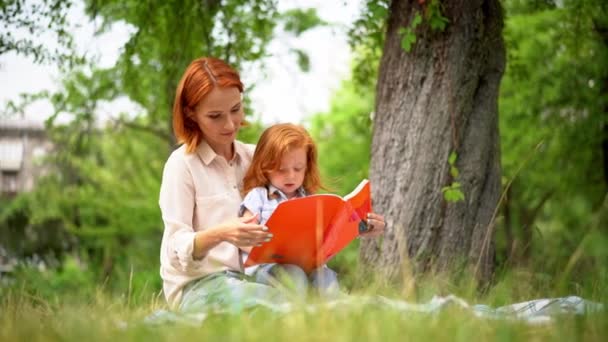 Mother and girl sit under a tree reading a book — Stock Video