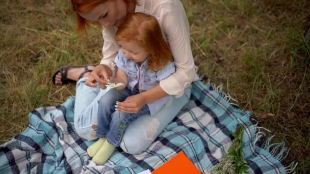 カモミールの屋外で遊ぶ母と娘 — ストック動画
