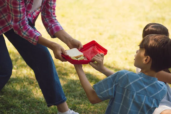 Учитель дает детям перекусить — стоковое фото