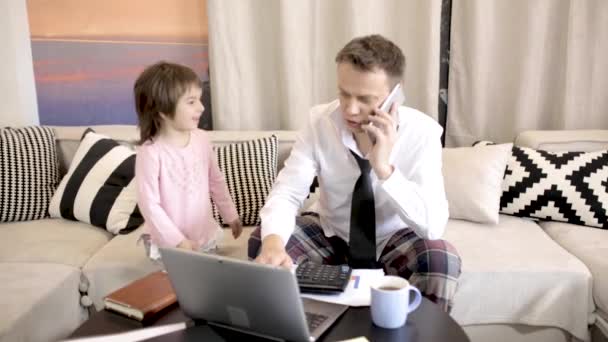 Business Father Talking Phone While Sitting Sofa Wearing White Shirt — Stock Video