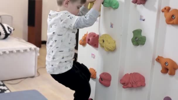 Küçük çocuk climbes bir kaya duvarı — Stok video