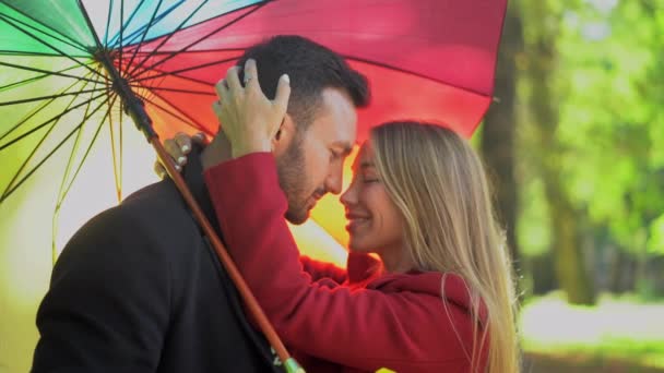 Pareja bajo el paraguas del arco iris caminando en el parque — Vídeos de Stock