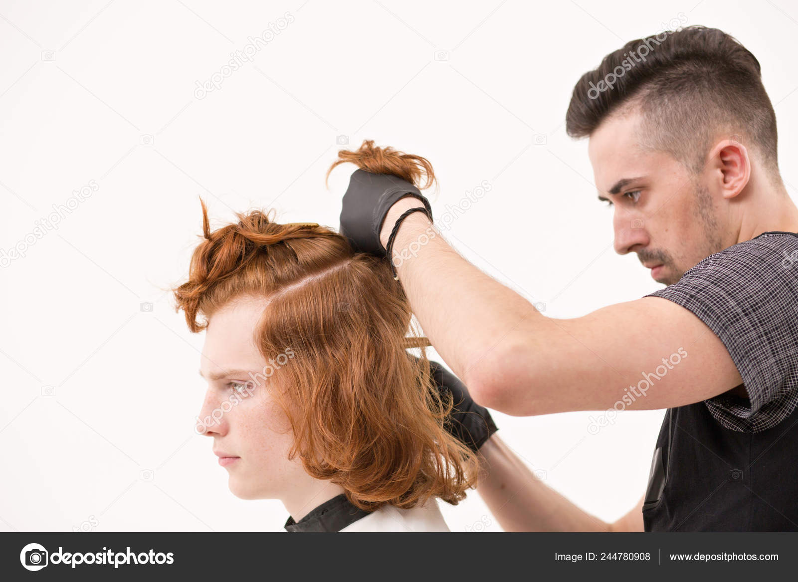 Barber Pinning A Hair Of His Client With A Hairpin Stock Photo