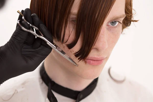 Closeup Of Mans Face When His Red Hair Is Being Cut — Stock Photo, Image