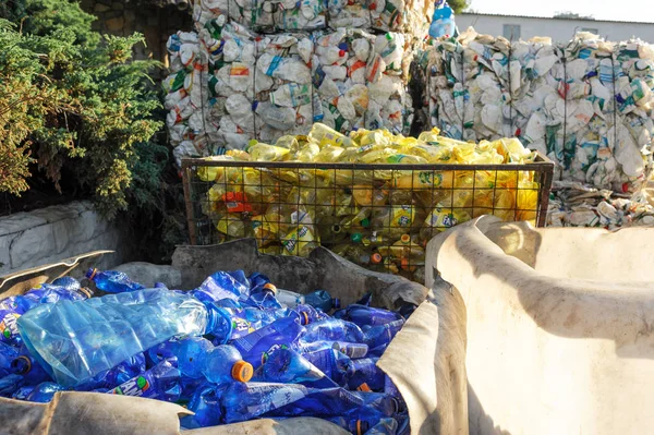 Кучи сжатых пластиковых бутылок на заводе по переработке отходов — стоковое фото