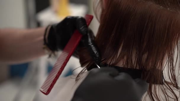 Maître Coiffeur Faire coupe de cheveux à un jeune homme aux cheveux longs rouges . — Video