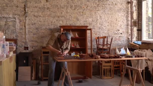Wood carver at work in workshop — Stock Video