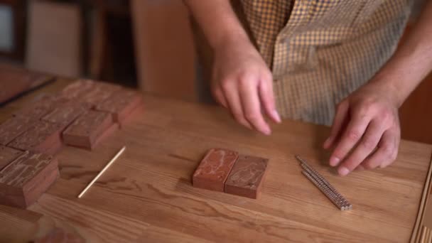 Timmerman aan het werk in werkplaats — Stockvideo