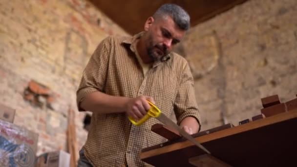 Coupes de charpentier concentrées bois avec une scie — Video