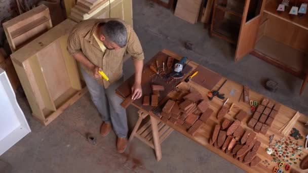 Geconcentreerde timmerman snijdt hout met een zaag — Stockvideo