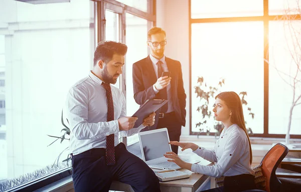 Succesfull business people studying documents in sunny office — Φωτογραφία Αρχείου