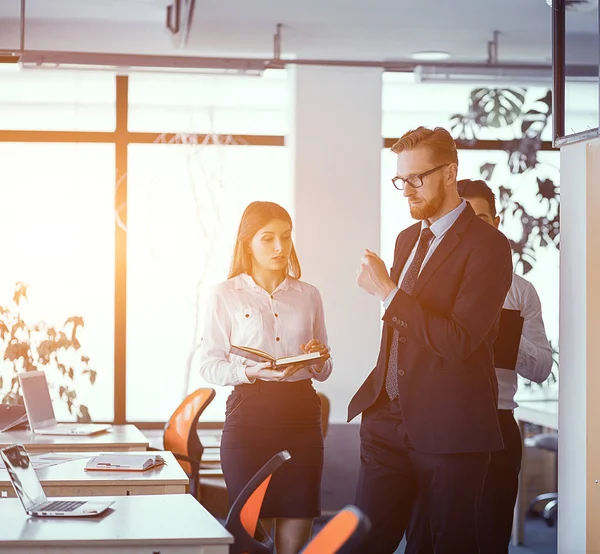 Tres colegas trabajando en una oficina soleada — Foto de Stock