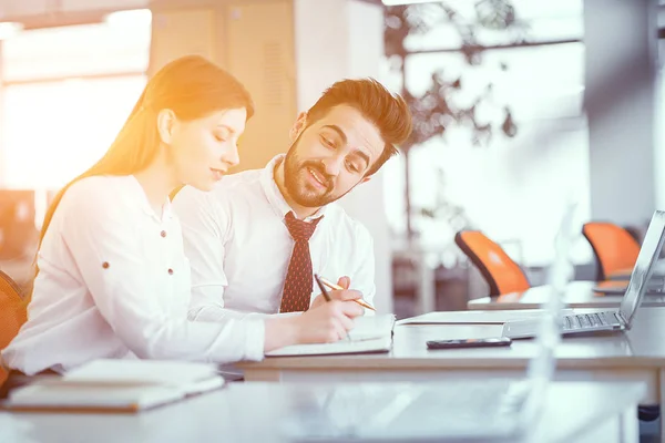 A couple of colleagues at desk in sunny office — Stock Photo, Image