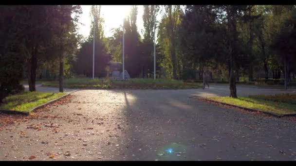 Ο άνθρωπος τρέχει σε πράσινο καλοκαιρινό δάσος φωτίζεται με ήλιο — Αρχείο Βίντεο
