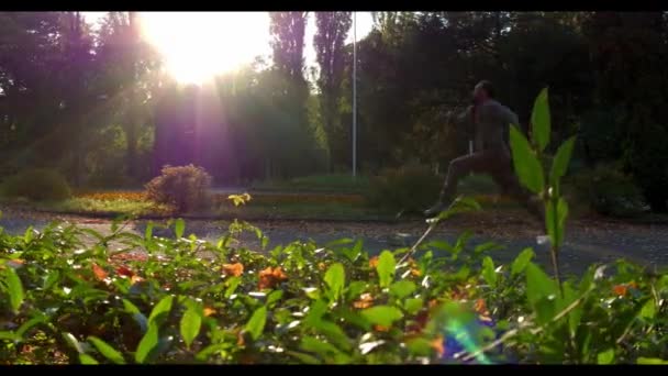 L'homme court dans la forêt verte d'automne éclairée par le soleil — Video