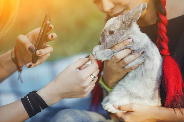 Dos chicas con conejo en la naturaleza tomando una foto de conejo —  Fotos de Stock
