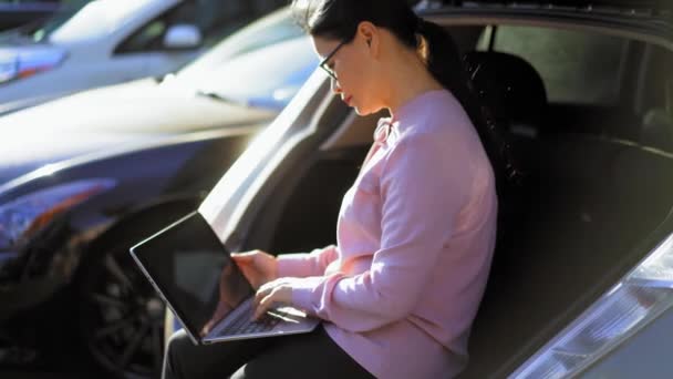 İş kadını dışarıdaki dizüstü bilgisayarda yazıyor. — Stok video