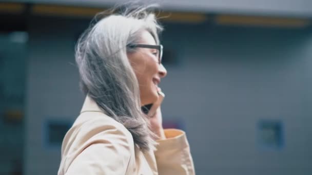 A mulher asiática de meia-idade falando ao telefone — Vídeo de Stock