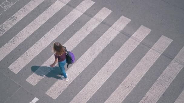 Молодые люди с рюкзаками переходят дорогу — стоковое видео