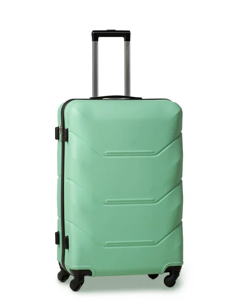 リトラクタブルハンドルとホイール付きグリーンのスーツケース。プラスチック旅行荷物スーツケースは信頼性の高い旅行コンパニオン。新しい場所の印象。休暇の概念。白地に隔離された — ストック写真
