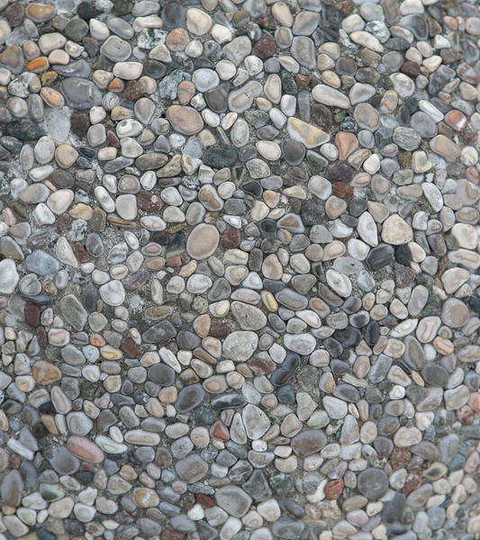 Mnohobarevné mořské oblázky na pěšině venku. Malé kulaté kameny jsou v cementové maltě. Selektivní zaměření ve středu obrazu. Abstraktní textura nebo pozadí — Stock fotografie