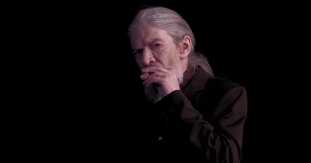 Elegant old business man smoke cigar with a piercing gaze in dark business clothes in a semi-lit room isolated on a black background. Toned footage. Prores 422 — Stock Video