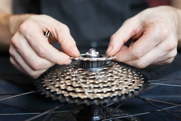 Image of man repairing bicycle gear. — Stock Photo, Image