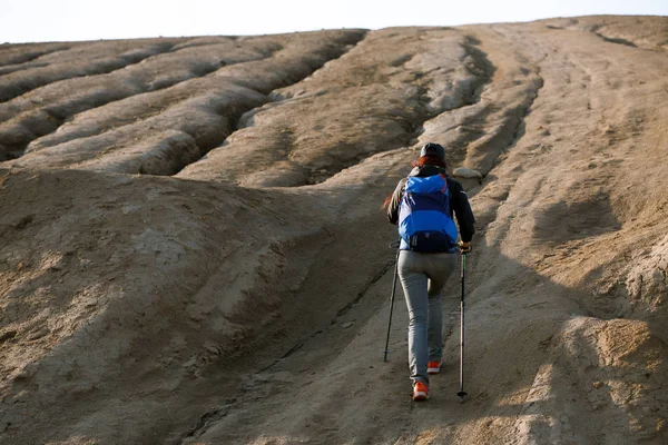 Photo from back of growth of female tourist with backpack and sticks for walking on mountain — Stock Photo, Image