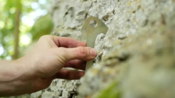 Colocación de pitón hoja con martillo en la grieta de piedra caliza — Vídeo de stock