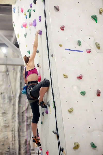 Φωτογραφία νεαρού αθλητή γυναίκας εξάσκηση στον τοίχο για αναρρίχηση — Φωτογραφία Αρχείου
