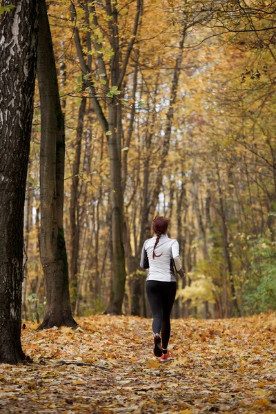 Picture from back in full growth of girl at forest — Stock Photo, Image