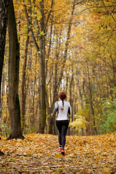 Obrázek z zpět v plném růstu bruneta běžících podél podzimního listí — Stock fotografie