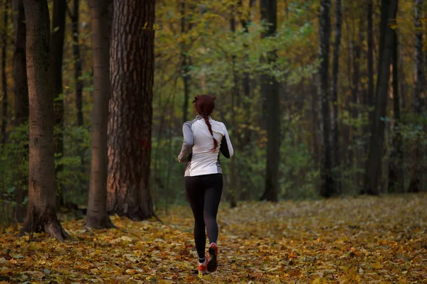Photo Back Full Growth Brunette Sporty Uniform Running Autumn Forest — Stock Photo, Image
