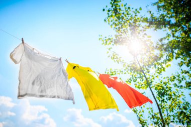 Photo of three T-shirts hanging on rope on background of blue sky with treetops. clipart