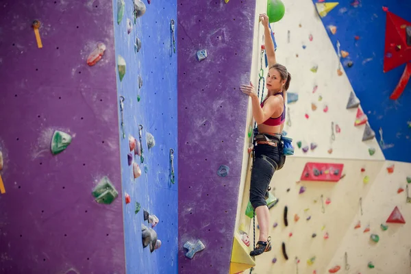Φωτογραφία του νεαρού αθλητή στην εκπαίδευση σε μοβ τοίχο για αναρρίχηση — Φωτογραφία Αρχείου