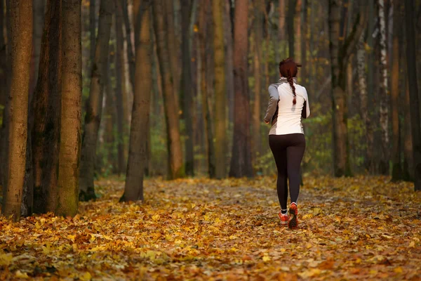 Immagine dalla parte posteriore della giovane ragazza sportiva in esecuzione attraverso la foresta — Foto Stock