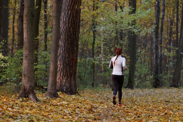 Photo from back in full growth of brunette running along autumn foliage — Stock Photo, Image