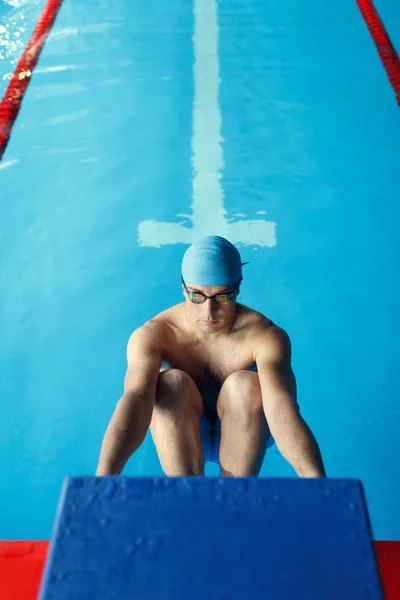 Фото спортсмена, толкающего со стороны в бассейн — стоковое фото