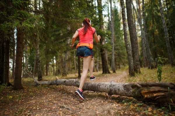 Photo from back of young sportswoman running through forest — Stock Photo, Image