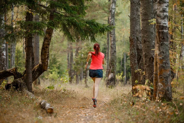 Foto da parte de trás da mulher do esporte que corre através do parque — Fotografia de Stock