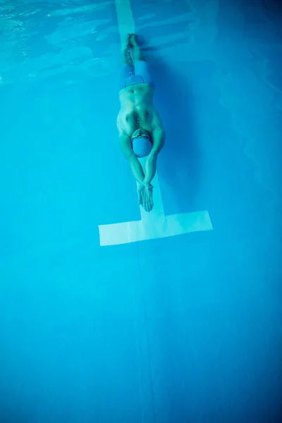 Фото на вершине молодого спортсмена, плавающего на задней части крытого бассейна — стоковое фото