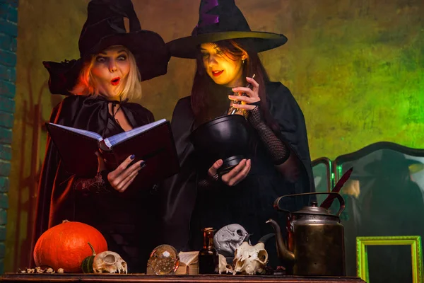 Фото улыбающихся двух ведьм в черных шляпах, читающих книгу за столом с тыквой и черепами — стоковое фото