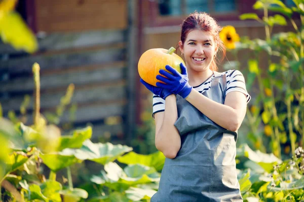 Image of young woman with pumpkin in hands at garden Stock Picture